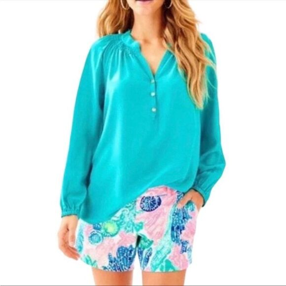 LILLY PULITZER WOMENS XS SILK ELSA LONG SLEEVE BLOUSE TOP SHIRT BUTTON DOWN NECK - Picture 1 of 9